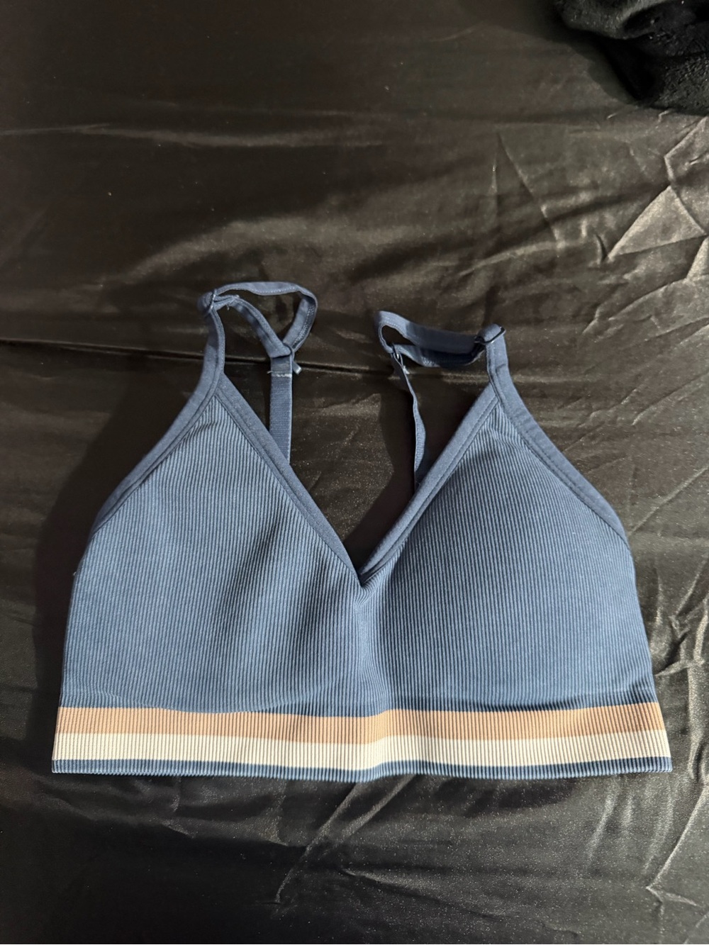 SPANX Blue Ribbed V-Neck Bralette with Cream and Tan Striped Band